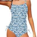 Girls Swimsuit One Piece Bathing Suit Color Block Strap Swimwear Drawstring Swimsuits for Teens  with Padded (13-14 Years, Blue Floral)