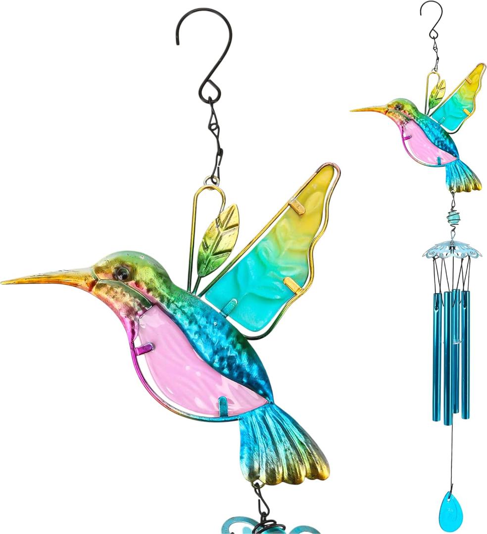35" Blue Hummingbird Wind Chimes, Indoor Outdoor Glass Painted Mobile Chime for Patio, Balcony, Garden, Yard, or Home Window Decoration, Lifelike Stained Metal Style with Deep Tone Music, Lawn Hanging
