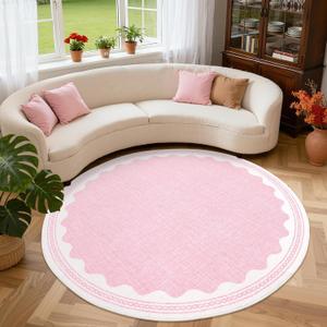 Scalloped Edge Solid Pink 6ft Round Rug Circle Modern Minimalism Washable Non-Slip Soft Ultra-Thin Carpet for Living Room Kitchen Bedroom Nursery Dining Room
