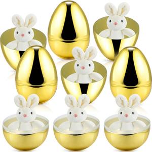 6 Pcs 10 Inch Large Golden Metallic Easter Eggs Jumbo Filled with 10 Inch Plush Bunny Toys Set for Filling Treats, Fillable Surprise Eggs Bulk, Basket Stuffers Fillers Classroom Prize