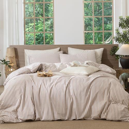 MooMee Striped Duvet Cover Set 100% Washed Cotton Linen Like Textured Breathable Durable Soft Comfy ( Classic Stripes, Queen)