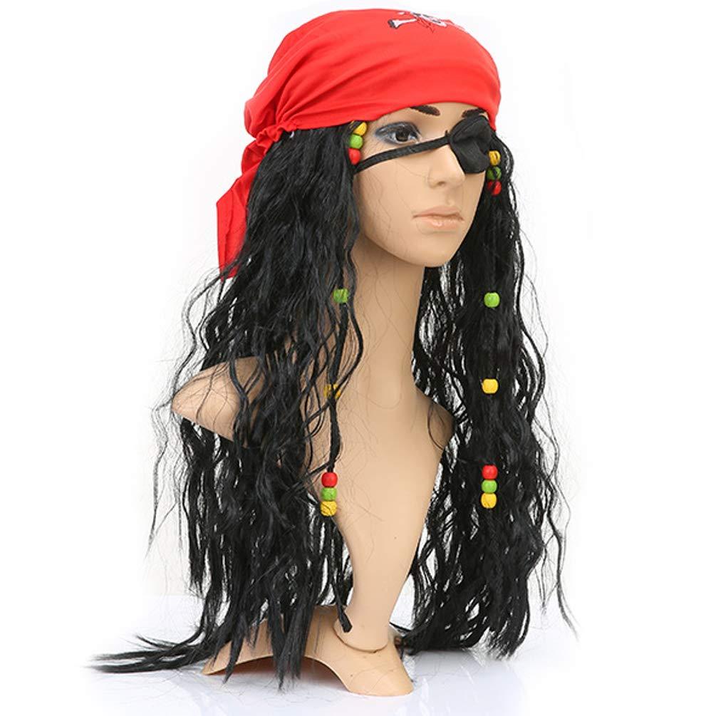 Boieo Pirate Wig for Women Men, Pirate Costume Women Men Halloween, Black Hair Wigs with Accessories, Headband Bandana Head Scarf Set, Adult Captain Hat Eye Patch