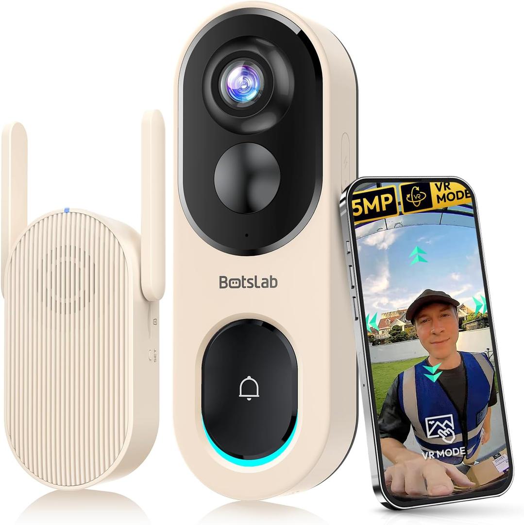 BOTSLAB Doorbell Camera Wireless, 5MP Video Doorbell, 180Panoramic View, No Monthly Fee, 2.4 GHz WiFi, AI Motion Detection, VR Mode, Battery or Wired Powered (Beige)