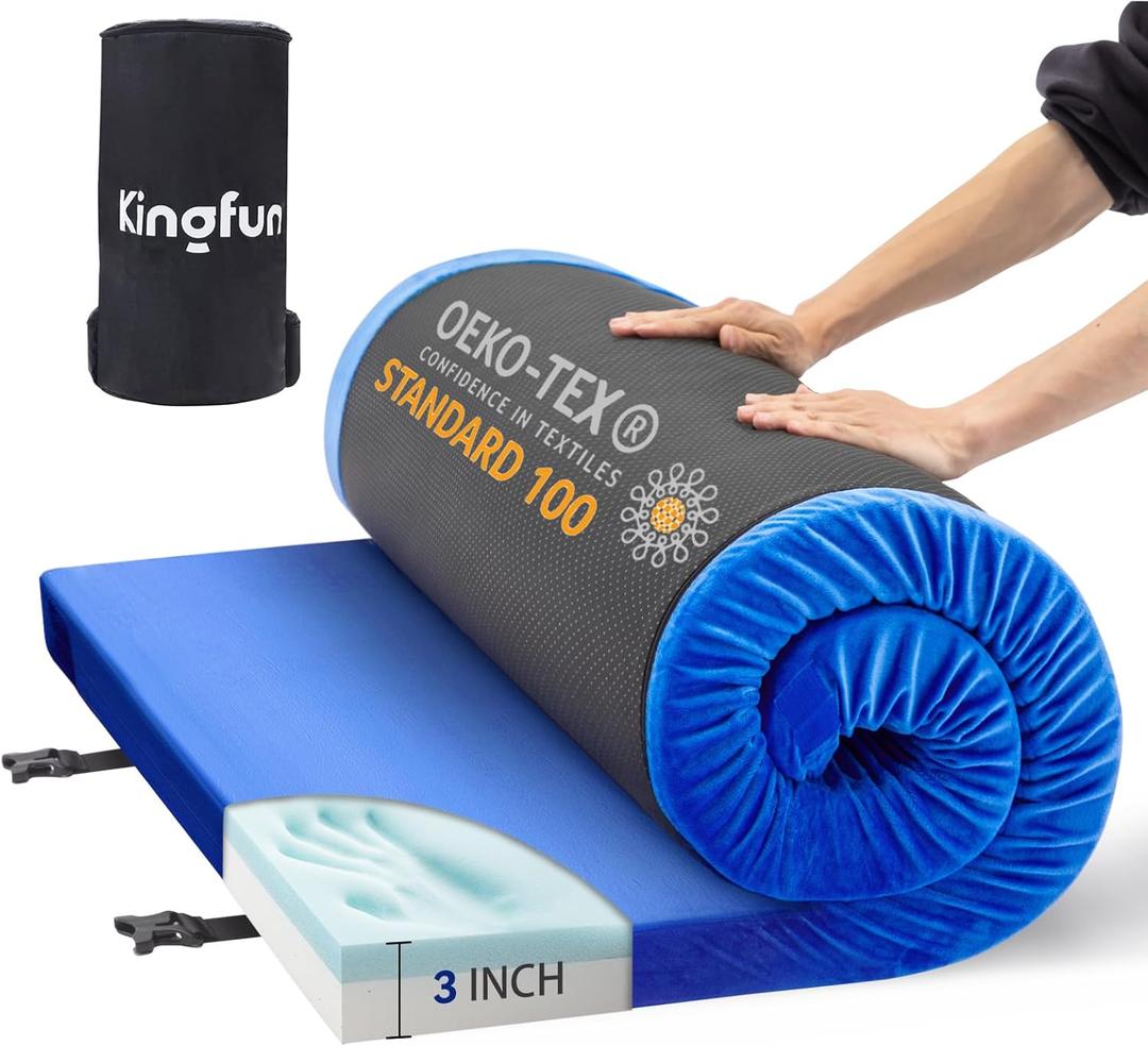 Kingfun Memory Foam Camping Mattress CertiPUR-US, Waterproof Roll up Sleeping Pad for Adults, Comfortable Thick Floor Sleeping Mats for Car Truck Tent with Removable Travel Bag, Blue, Cot 75" X 25" X 3 inch