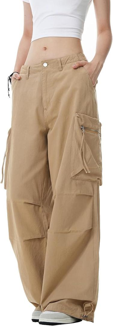 Womens Parachute Cargo Pants Y2K Baggy Cargo Pants Wide Leg Casual Joggers with Pockets (Beige, M)