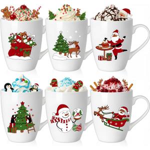 Shellwei 6 Pack Christmas Coffee Mugs 11 oz Holiday Ceramic Mugs Set Xmas Tea Cups with Handles Bulk Reusable Ceramic Coffee Cups for Women Men Teachers Appreciation Christmas Gifts(Funny)
