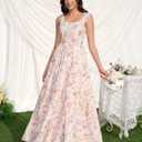 KUTUMAI Floral Maxi Long Dress Lace Up Square Neck Flowy Summer Wedding Guest Dresses for Women 2026 (Size M)