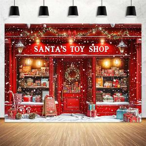 Wathon Red Christmas Backdrop for Photography Santa's Toy Shop Candy Cane in Snowy Scene Photo Backdrop Christmas Holiday Xmas Party Decorations Photo Background Booth Video Studio Props 7X5FT