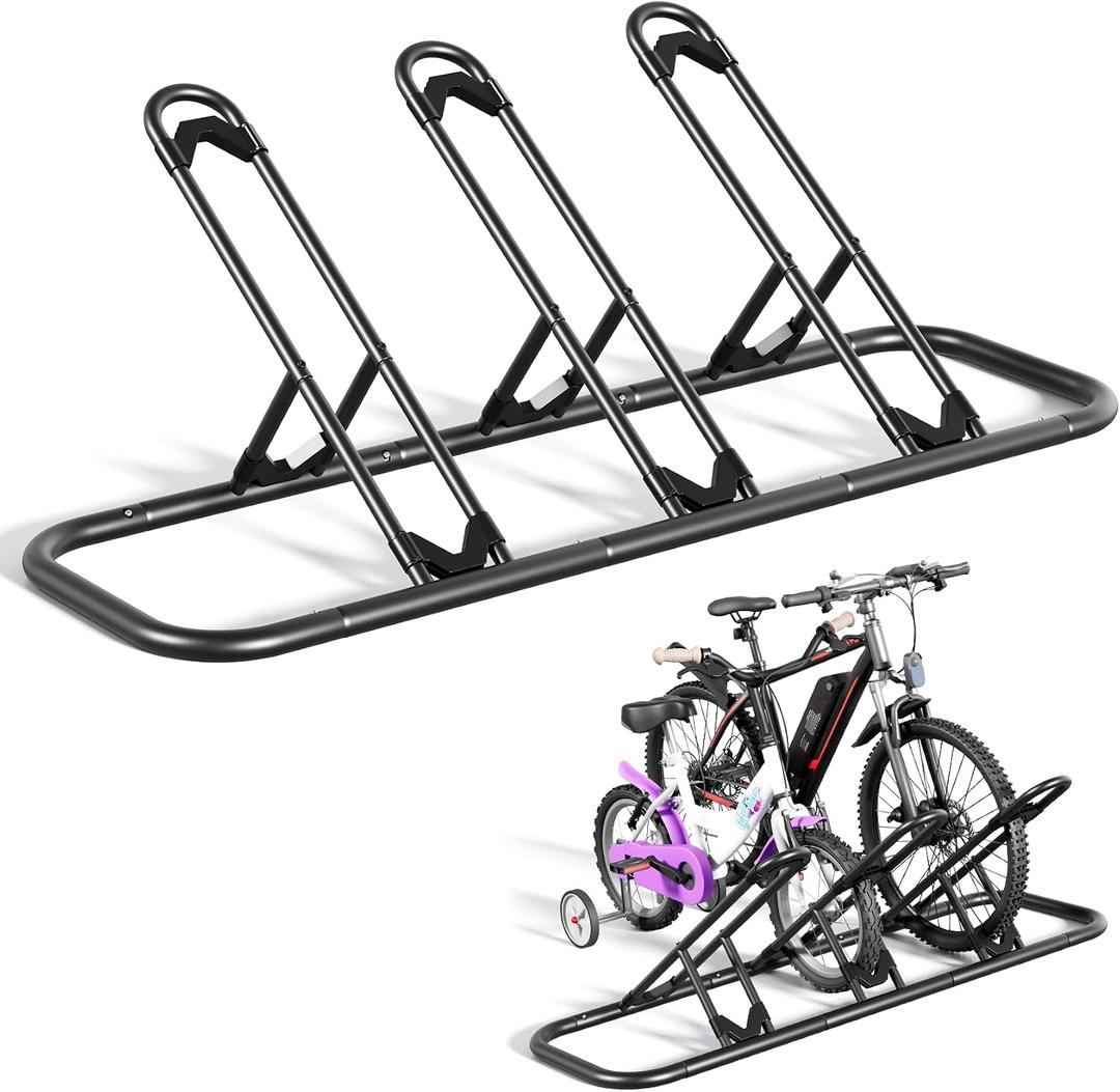 Mr IRONSTONE Bike Rack, Floor Storage Stand for Garage, Indoor/Outdoor Parking Holder, Fits Mountain, Road & Kids Cycles (Black, 3-Slot)