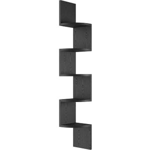 GREENDEW 5-Tier Wall Mount Radial Floating Corner Shelf, Wood Display Storage Shelves for Home Office Decor (Black)