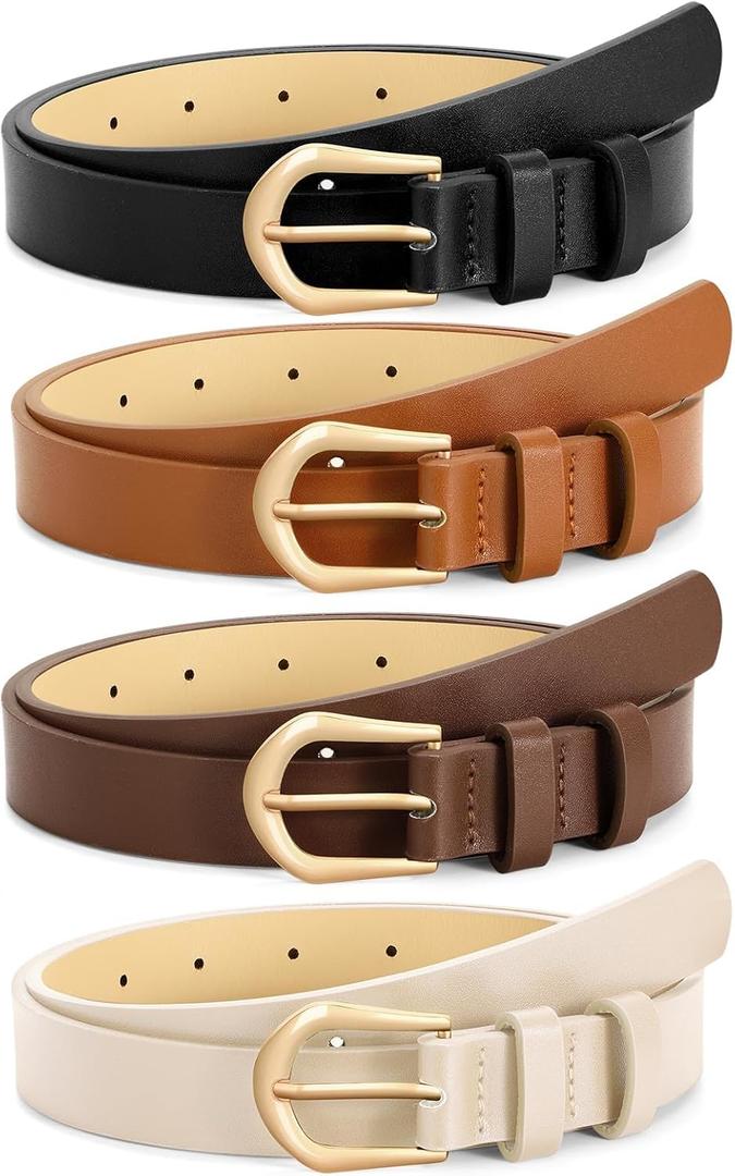 VONMELLI 4 Pack Womens Thin Leather Belt Skinny Waist Belts for Women Fashion Jeans Dress with Gold Buckle (Fit Waist Size 39"-45", Black+ Light Brown+ Coffee+ Beige)