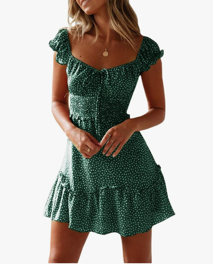 YOBECHO Womens Summer Ruffle Sleeve Sweetheart Neckline Printing Dress Mini Dresses Size S