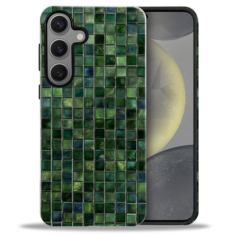 DJSOK Compatible with Samsung Galaxy S24 FE,Glossy PC Anti-Scratch Shockproof Case - Aesthetic Toned Tiles Green Glass