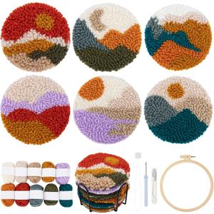 Temlum Punch Needle Coasters Kit, Punch Needle Embroidery Kits for Adults and Beginners - Including Patterns, Tools, Yarns, Hoop, Instruction, Coaster Holder Art Craft Supplies - Landscape