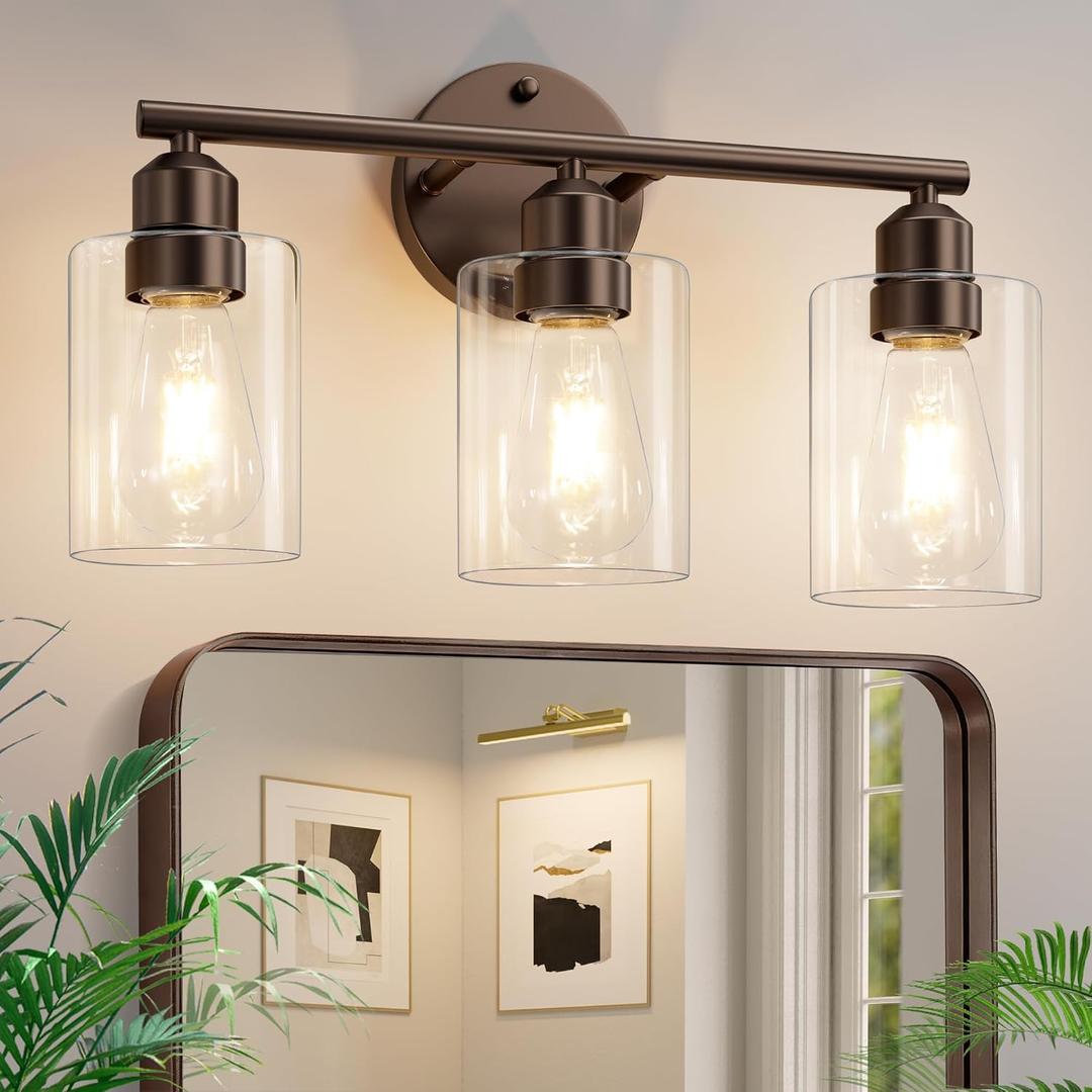 3-Light Bathroom Vanity Light Fixture, Modern Wall Lamp for Mirror with Clear Glass Shade (D-Clear Glass & Brown)