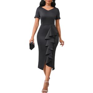 Cololura Women Sexy Elegant V Neck Short Sleeve Slit Ruffle Maxi Dress Formal Pencil Bodycon Midi Dress, Size: 2XL