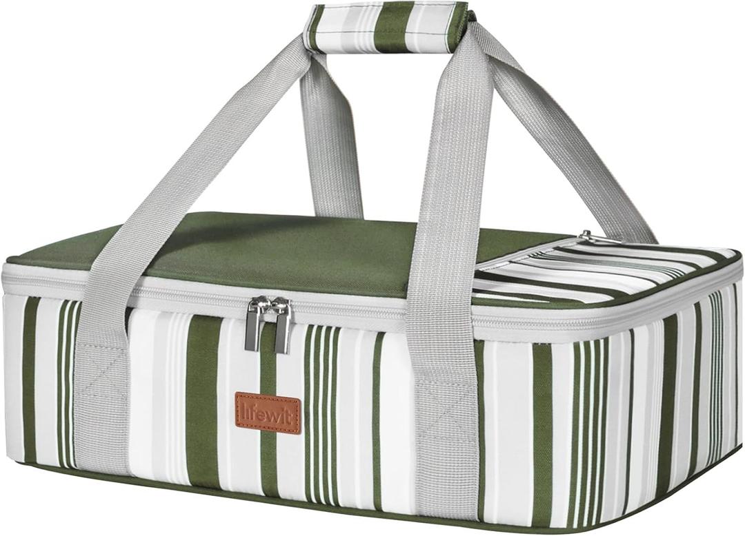 Lifewit Insulated Casserole Carrier for Hot or Cold Food, Casserole Dish with Lid and Carrying Case, Lasagna Holder for Potluck Parties/Picnic/Cookouts, Fits 9"x13" Baking Dish, Dark green (15.7 x 11.4 x 4.7inch)