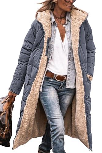 PRETTYGARDEN Women 2025 Winter Clothes Trendy Reversible Zipper Furry Fleece Long Coat Jackets (Grey Blue, Medium)