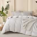 Luxury Grey Comforter Set Queen - Washed Microfiber 3 Pieces Jacquard Bedding, White & Grey Vertical Ticking Stripes Pattern Comforter with 2 Pillowcases, Soft Breathable Durable Comfy