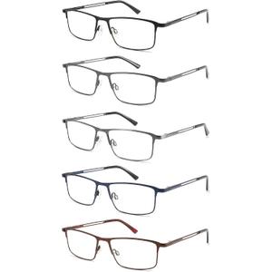 5 Pack Reading Glasses for Men,Metal Full Frame Blue Light Blocking Spring Hinges Readers,Anti Glare/UV/Eyestrain +2.0
