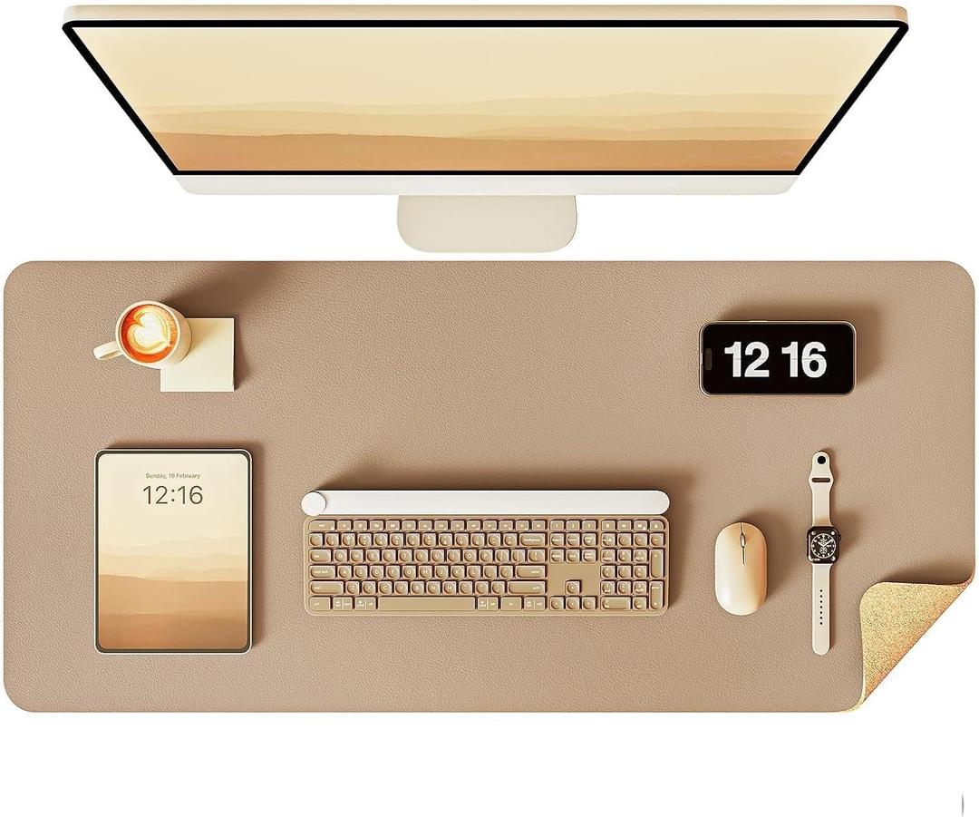 YSAGi Double-Sided Desk Pad, 31.5"x15.7"Leather Desk Mat, Eco Cork Desk Pad Protector,Large Mouse Pad,Waterproof Desk Blotter for Office/Home(Apricot)