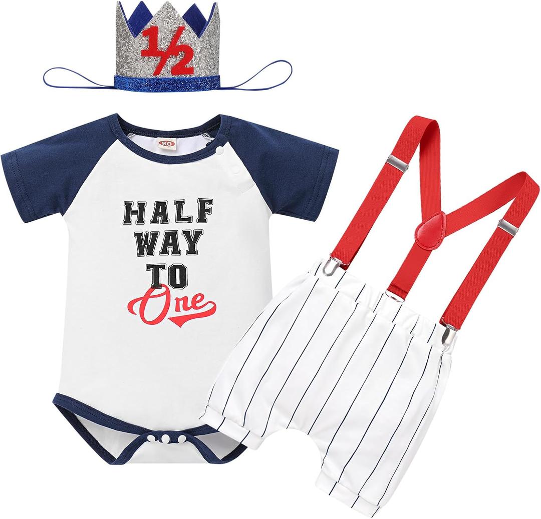 IMEKIS Baby Boy Half 1st Birthday Outfit Baseball Dount Romper Suspenders Shorts Crown Cake Smash Photoshoot Clothes (6-12 Months, Navy)