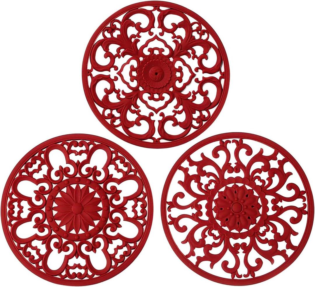 Extra Thick Silicone Trivet Mat for Hot Dishes, Hot Pots and Pans, Pot Holder, Hot Pad to Portect Your Table and Countertop, Kitchen Decor and Accessories,Merlot Red,Set of 3