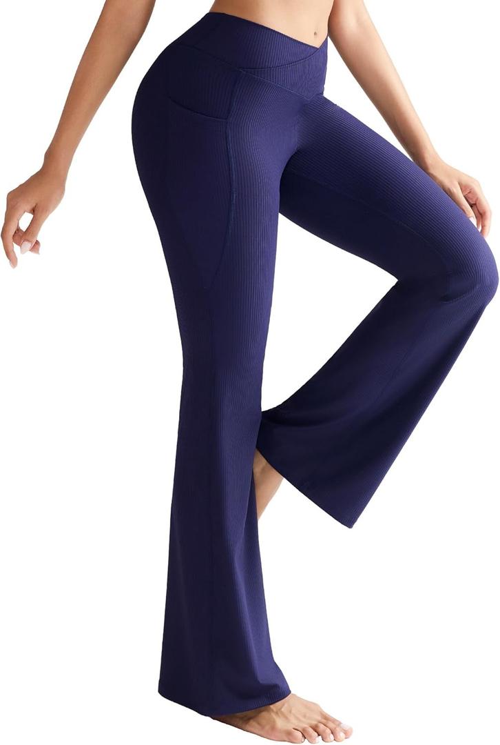 RUNNING GIRL Womens Ribbed V Crossover High Waist Yoga Pants Flare Leggings for Women with Side Pockets (Small)