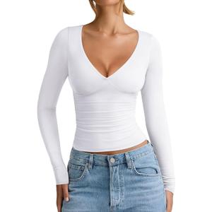 REORIA Womens 2026 Winter Fall Fashion Deep V Neck Long Sleeve Shirts Double Lined Casual Slim Fitted Going Out Tops (Large, White)