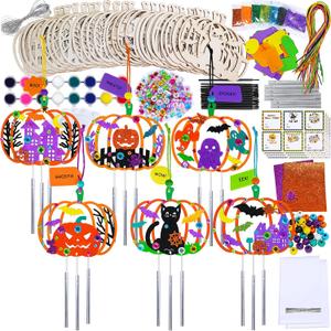 Winlyn 24 Sets Halloween Crafts Fall Pumpkin Crafts DIY Unfinished Paintable Wooden Pumpkin Wind Chimes Ornaments Craft Kits for Kids Classroom Activities Art Project Halloween Decoration Party Favors