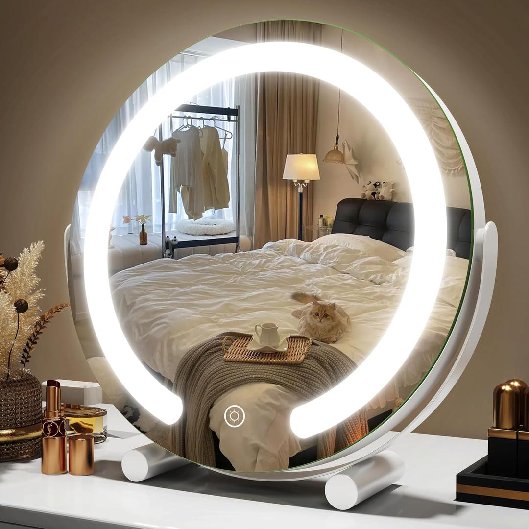 ROLOVE Vanity Mirror with Lights, 12 Inch Light Up Makeup Mirror, LED Makeup Mirror with Lights for Bedroom Tabletop, Smart Touch Control 3 Colors Dimmable, 360 Rotation, White