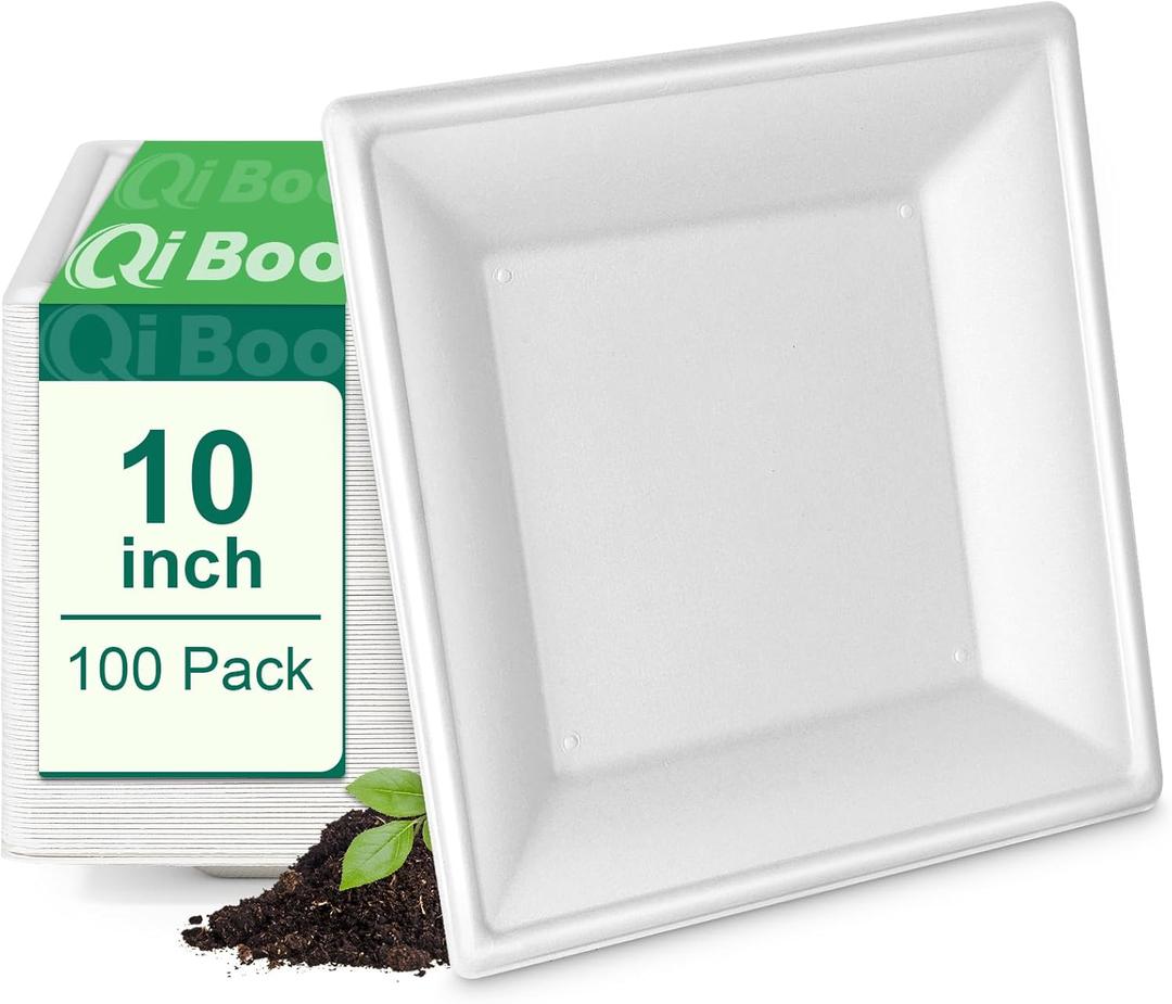 Square Paper Plates 10 Inch [100-Pack] Compostable Eco Friendly Disposable Plates Heavy Duty, Biodegradable Recycled Bagasse Plates, Large Paper Dinner Plates, Sturdy White 10" Plate