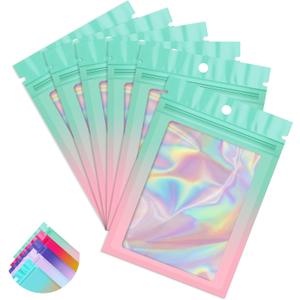 Funfery 100 Pack Gradient Holographic Bags,Mylar Resealable Bag with Zipper,Clear Window Packaging Pouch,Smell Proof Bags for Food Storage,Sample Jewelry Baggies(3.1x5.1In,Green Pink)