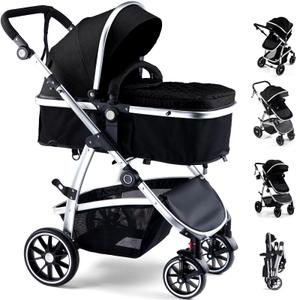 Hagaday Baby Stroller, 2-in-1 Reversible Toddler Seat with Bassinet Mode, Foldable Infant Stroller with Canopy, One Button Brake, Adjustable Handle, Newborn Pushchair(Black)
