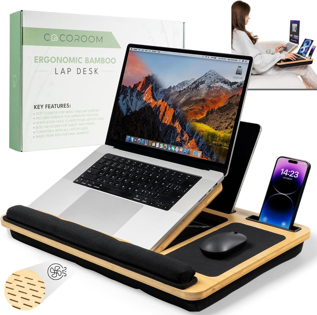 Lap Desk for Laptop  Bed Desk Tray Table with Cushion, 5 Angles, Phone & Tablet Holder, Mouse Pad & Ventilation  Laptop Stand, Lap Table, Couch Desk for 15-17 Laptops (Black)