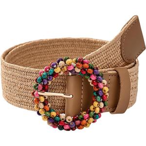 Verdusa Women's Western Belt Cowgirl Boho Straw Belts Round Buckle Elastic Waist Belt (Beige)