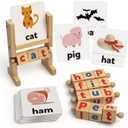 Coogam Wooden Reading Blocks Short Vowel Rods Spelling Games, Flash Cards Turning Rotating Letter Puzzle for Kids, Site Words Montessori Spinning Alphabet Learning Toy for Preschool Boys Girls