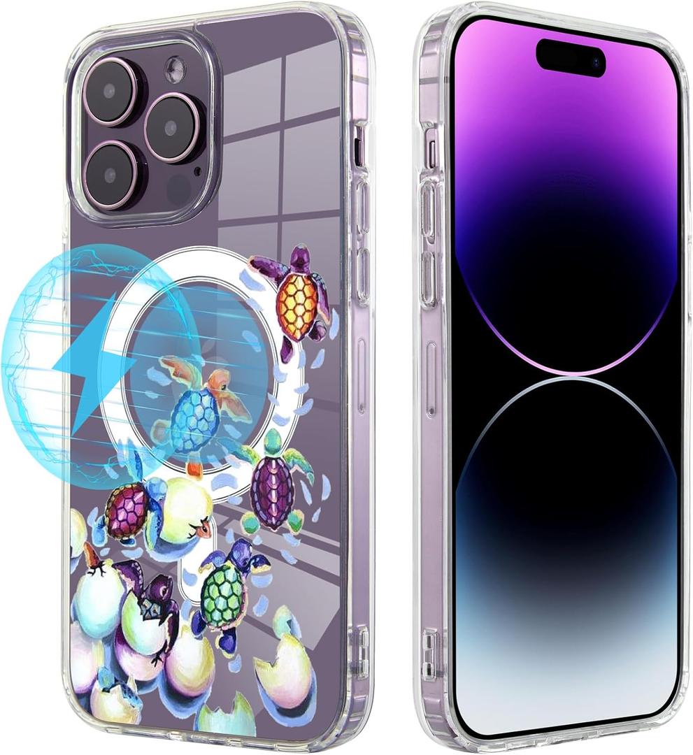 Roemary Rainbow Turtles Case for iPhone 14 with MagSafe Design,Magnetic Wireless Charging Clear Transparent TPU Phone Case Cover for iPhone 14 6.1 inch(Turtles)