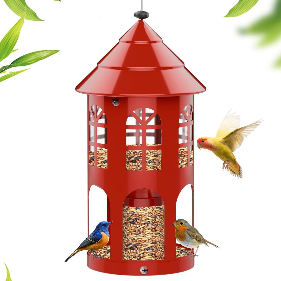 Metal Bird Feeder for Outdoor Hanging, Large Capacity Wild Bird Feeder with Weatherproof Roof & Squirrel-Proof Design, Easy to Fill & Clean, Ideal for Cardinals, Finches, and Blue Jays (Red)