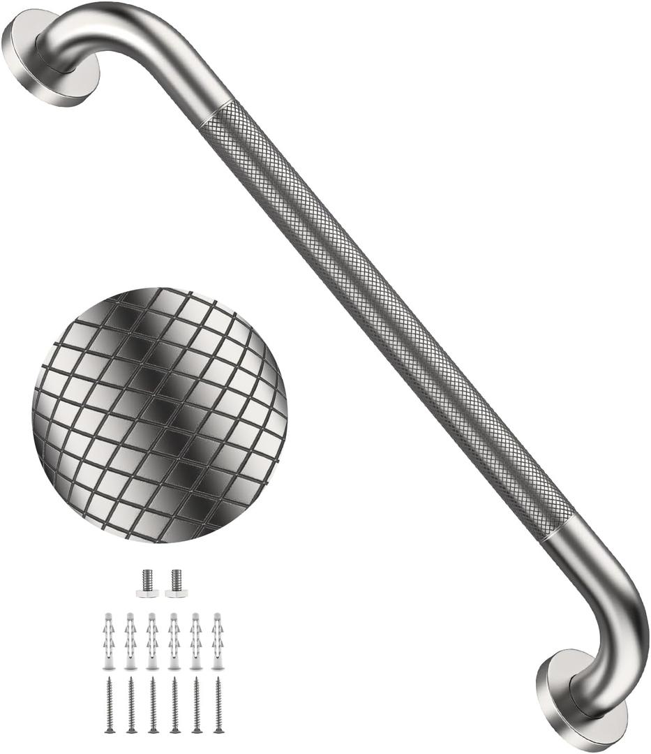 24 Inch Anti Slip Shower Grab Bar,YuanDe Brushed Nickel Bath Grab Bar | Stainless Steel Knurled Bathroom Safety Rail, Shower Handrail Support, Handicap Elderly Balance Assist Handles-1.25" Diameter