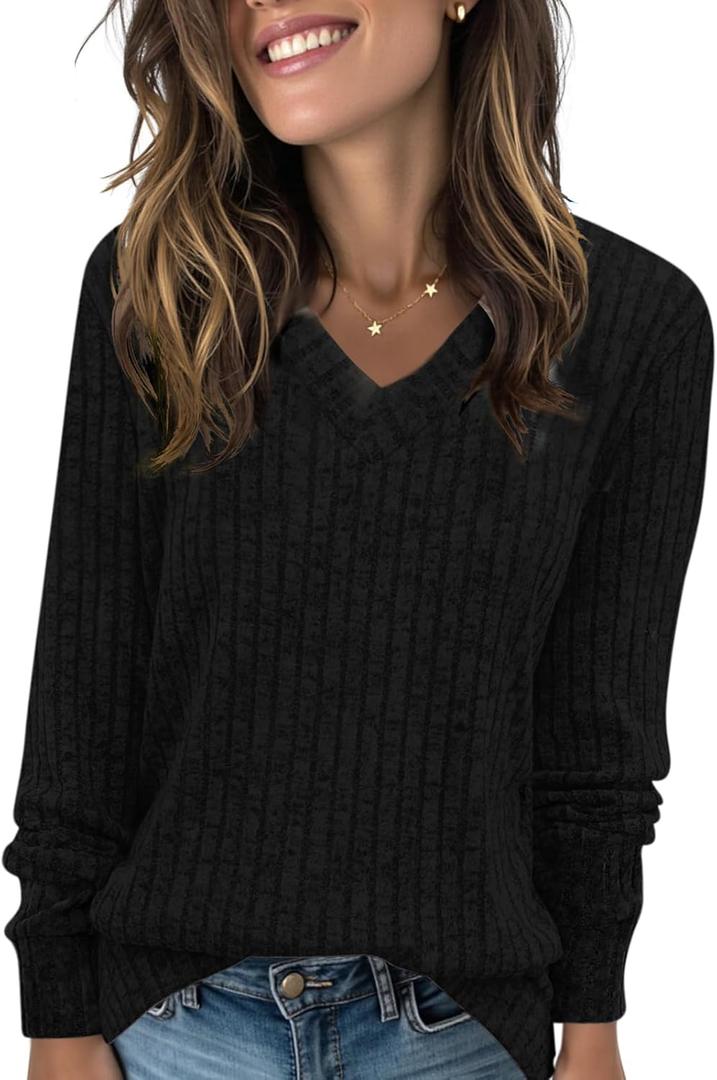 Long Sleeve Shirts for Women V Neck Loose Sweaters Casual Fall Tops Fashion Clothes 2025 (Black, L)