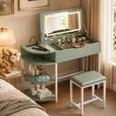 Cyclysio Vanity Desk with Flip Top Mirror and Lights, Makeup Vanity Desk with Drawers, Dressing Table with Storage Shelves & Charging Station, Small Vanity for Small Spaces, Green