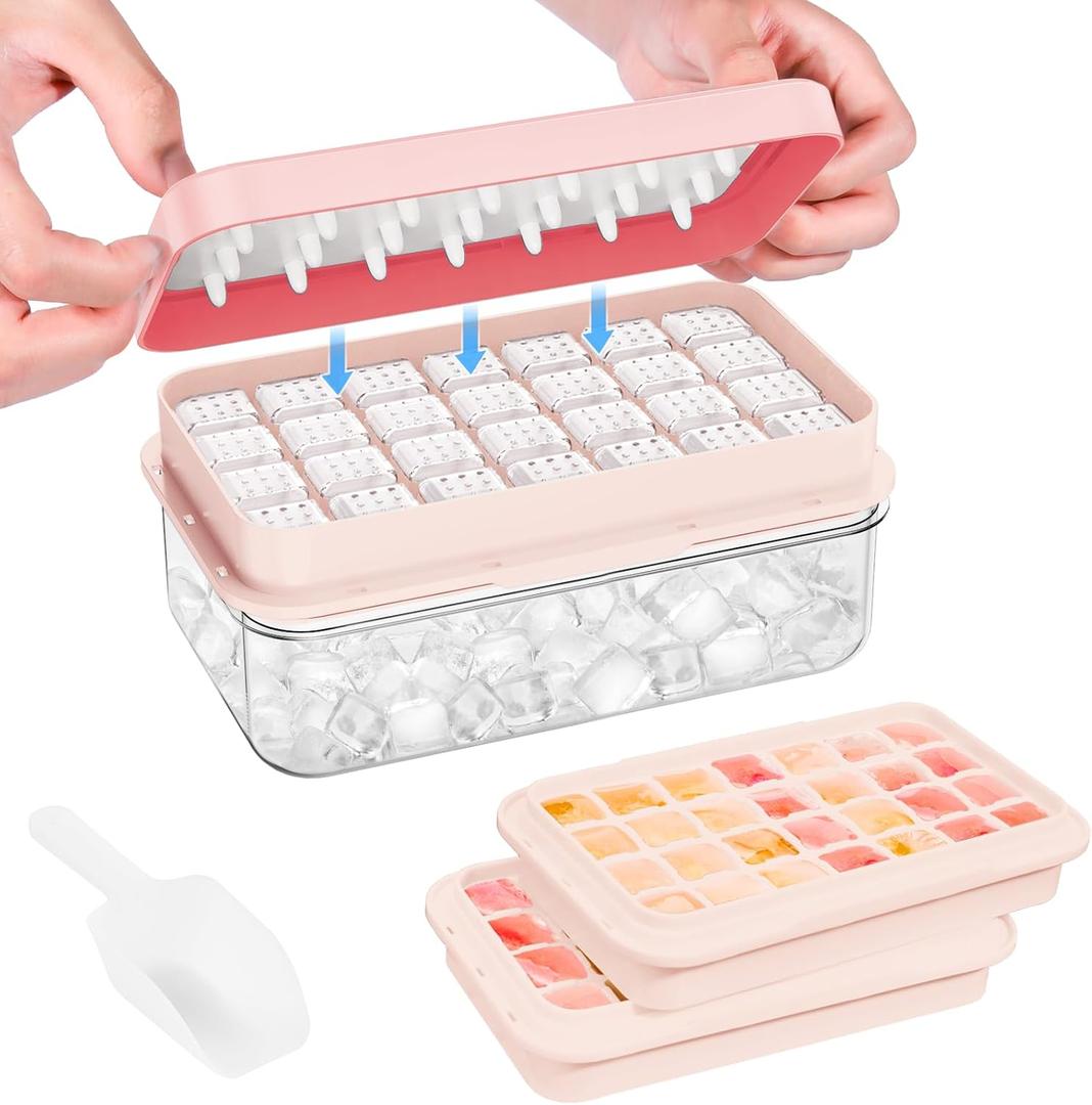 PHINOX Ice Cube Tray with Lid and Bin, Ice Trays for Freezer, Flexible Ice Cube Trays, Making 56 pcs Ice Cubes, Chilling Cocktail, Whiskey, Coffee, with 2 trays, Ice Container, Scoop&Cover, BPA Free (Pink)