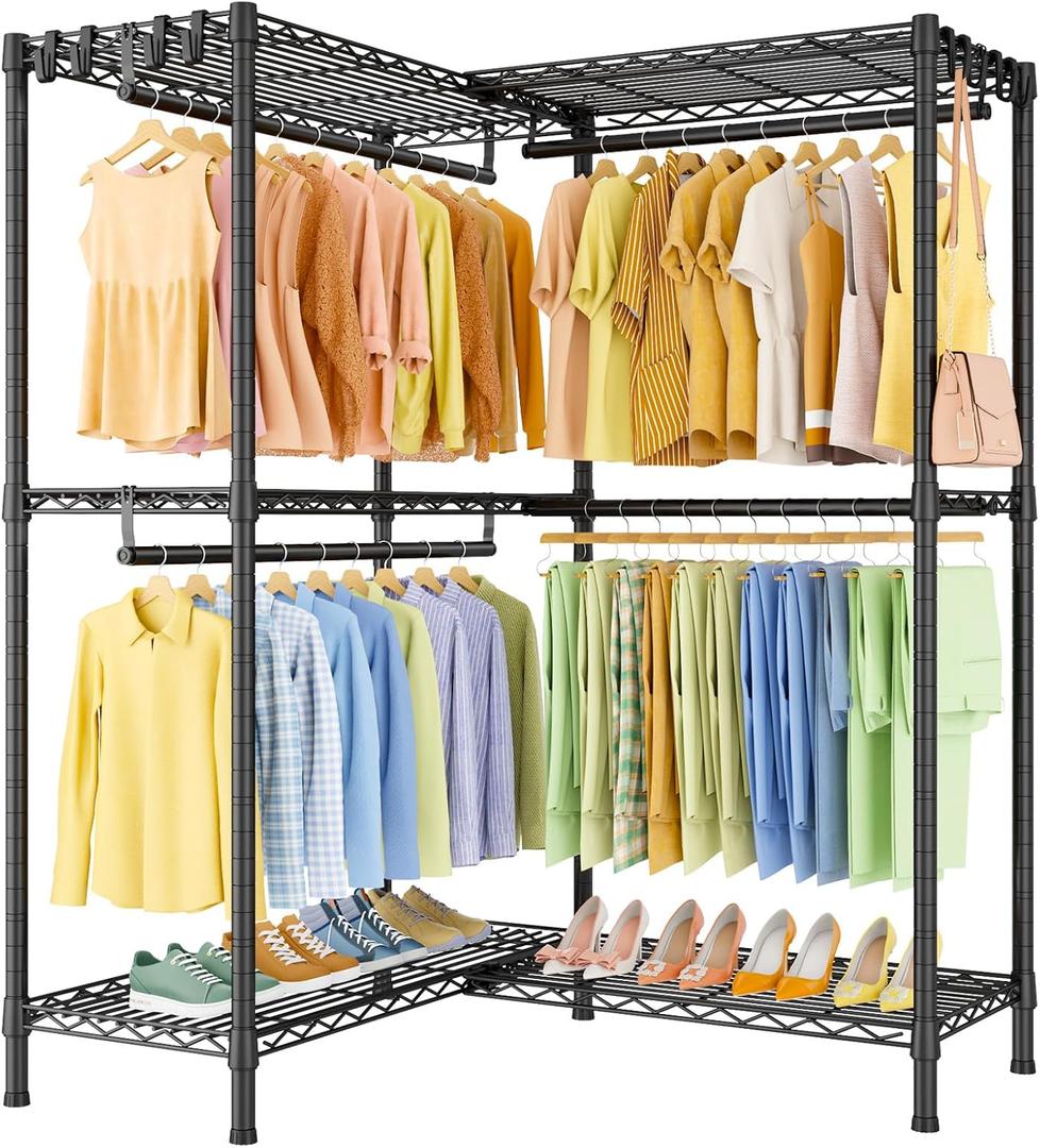 ULIFHOME E15 Garment Rack L Shaped Clothes Rack for CornerFreestanding Clothing Racks for Hanging ClothesHeavy Duty Closet Organizer with 4 Hanging Rods & 8 S Hooks43.4" W x 15.8" D x 78.4" HBlack