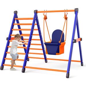 Climbing Toys and Baby Swing Set for Kids Toddlers Aged 1-3, Jungle Gym Pikler Triangle & Metal Swing Set Foldable 2-in-1 Montessori Baby Playground for Indoor Outdoor Backyard