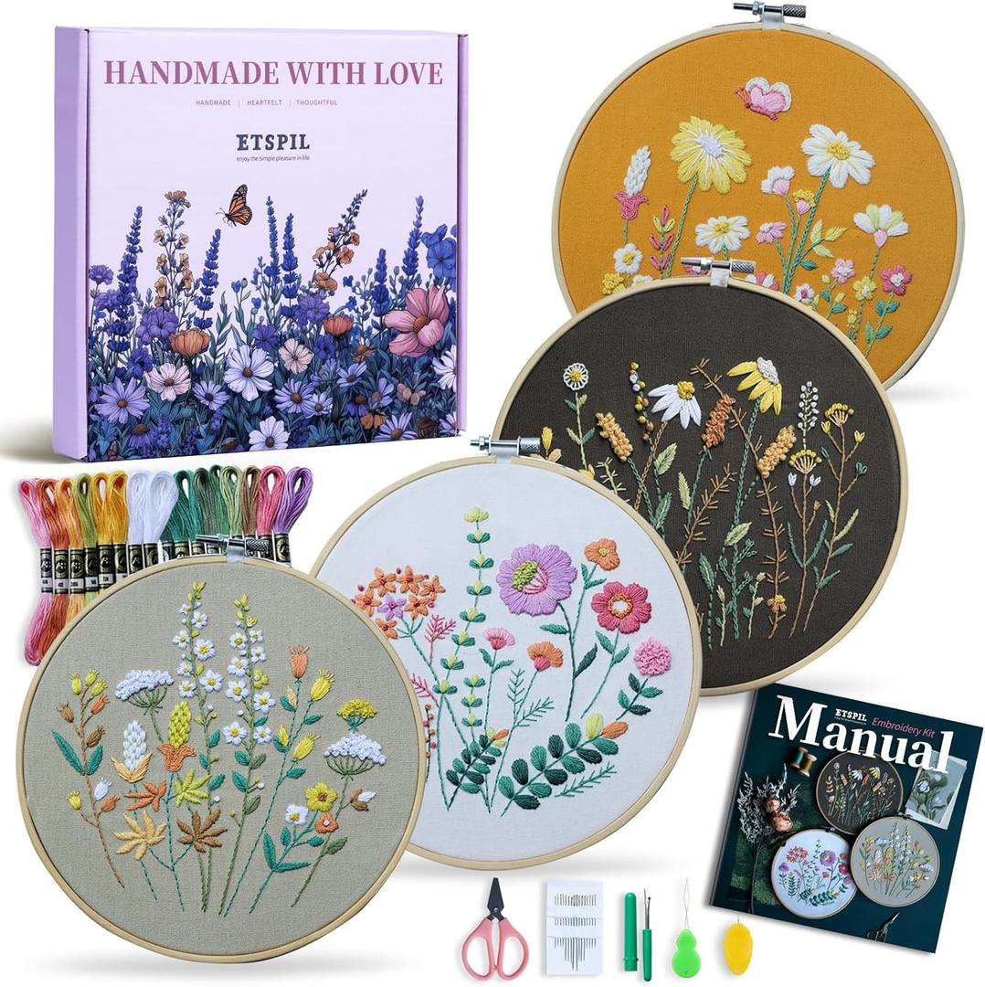 ETSPIL Embroidery Kit for Adults & Teens, 4-Pack Floral Samplers, 2 Adjustable Hoops, Pre-Printed Fabric, 17 Vibrant Threads, 16 Needles, Beginner-Friendly Stitch Guide & Video, DIY Craft Gift