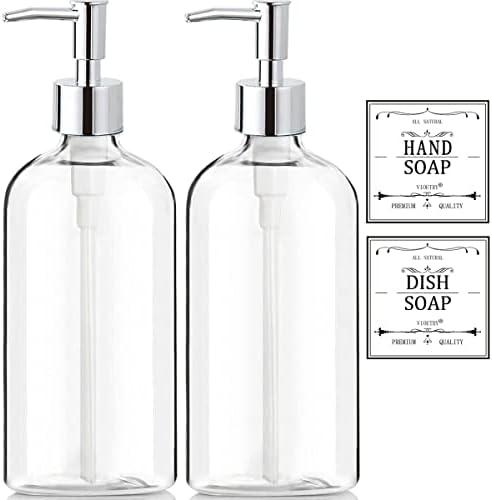 Clear Soap Dispenser with Rust Proof Pump, Waterproof Labels (2 Pack,16 Oz), Plastic Hand Soap Dish Soap Dispenser for Kitchen Bathroom