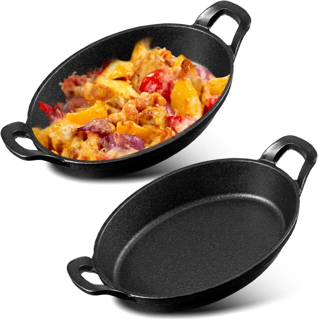 Mifoci 2 Pack Mini Cast Iron Fajita Skillet, 8.5" x 6.1" Oval Sizzling Steak Plate Pan Small Ramekin Set Black Casserole Dish for Stove Oven Grill Restaurant Kitchen Indoor Outdoor Picnic