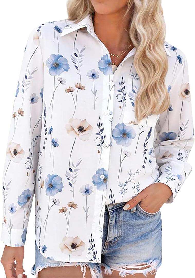Wrinkle-Resistant Women's Button Down Shirts 2026 Spring Business Floral Prints Long Sleeve Casual Tops with Pockets, S