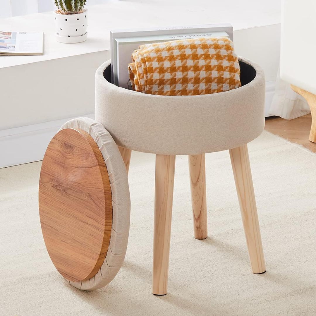 Mxfurhawa Storage Ottoman Linen Round Vanity Stool Tray Top Modern Foot Stool with Wood Legs Multifunctional Upholstered Foot Ottoman Rest for Living Room, Bathroom, Makeup (Beige)
